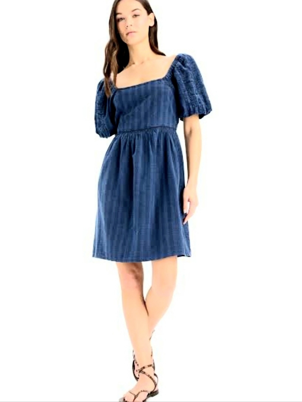 À E Blue Puffer Sleeve Baby Doll Dress
